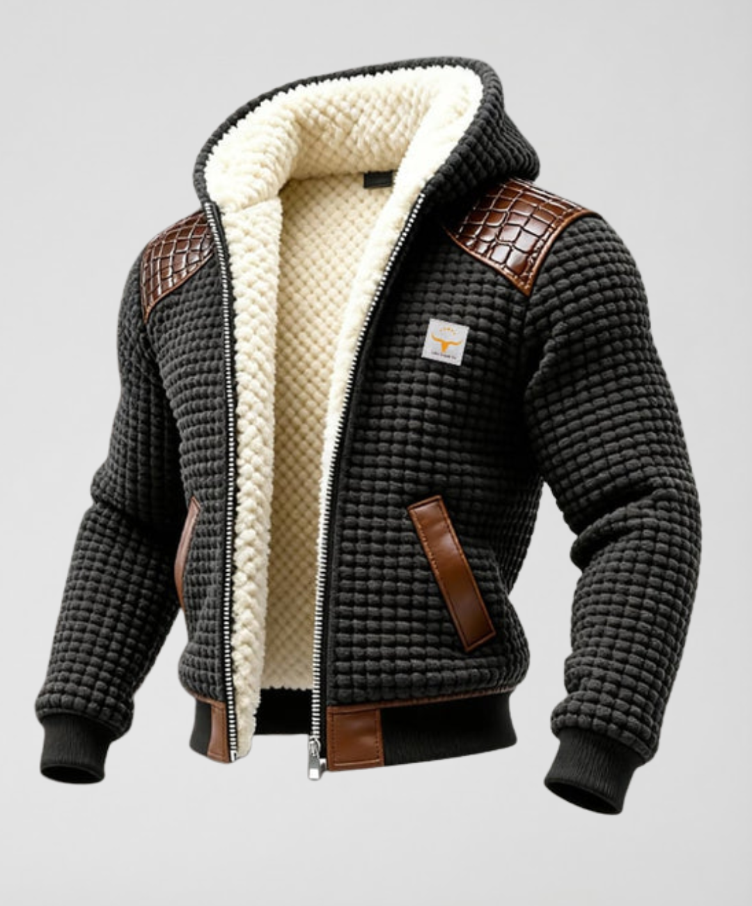 CHAQUETA TEXTURIZADA CON ACABADO DE CUERO REVESTIDO