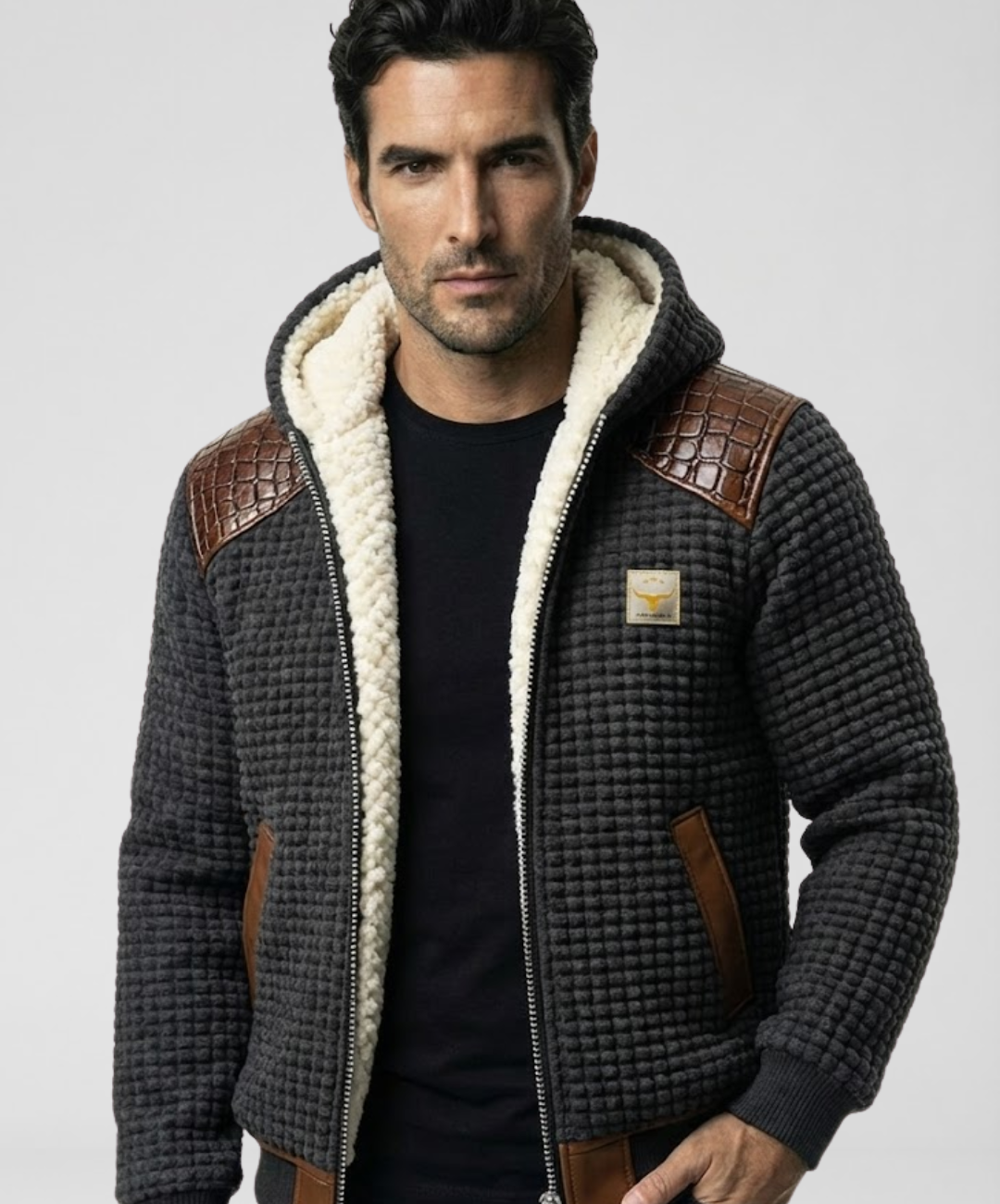 CHAQUETA TEXTURIZADA CON ACABADO DE CUERO REVESTIDO